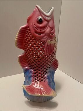 Vintage Reticulated Jumping Fish Figurine Ceramic Colorful 8.25”